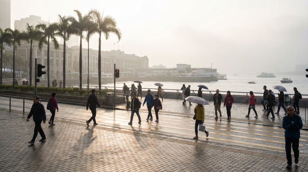Busy pedestrian crossing during morning rush on a waterfront promenade in a tropical city
