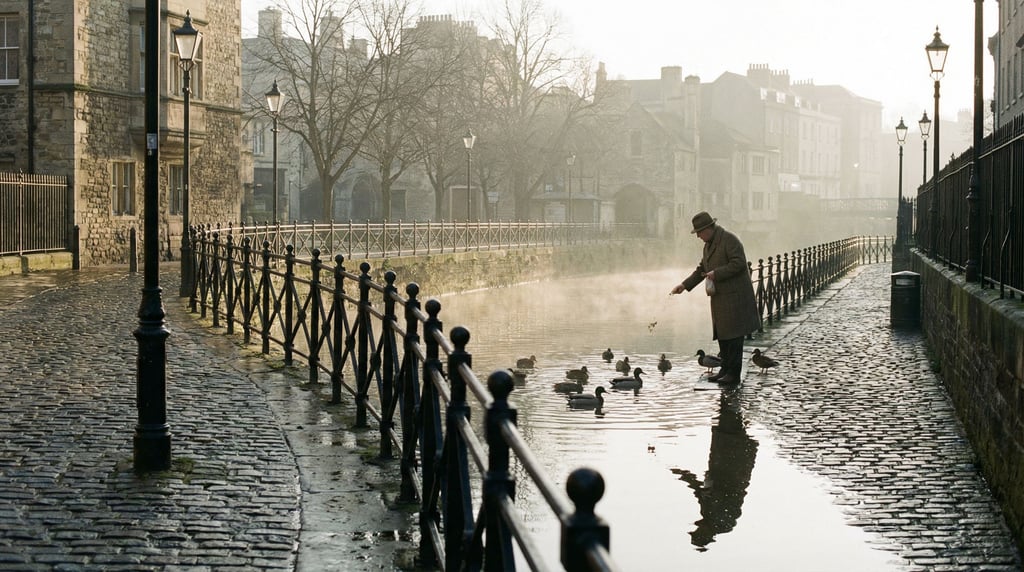 City river embankment lined with iron railings and cobblestone paths along the water