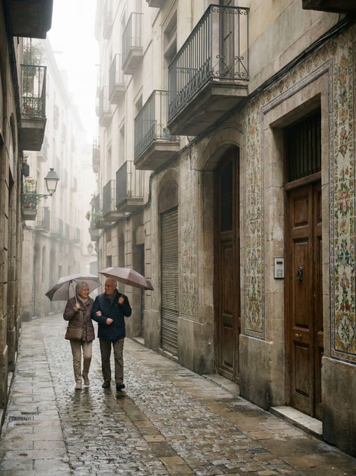 Narrow Barcelona Gothic Quarter street with hand-painted ceramic tiles on building facades