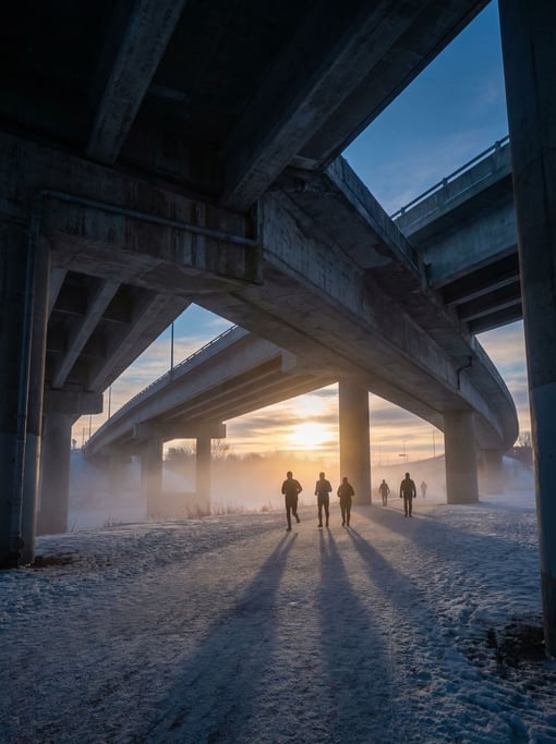 Concrete highway overpass seen from below in winter light