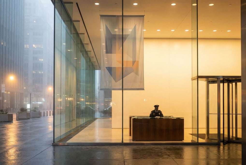 Minimalist modern lobby with floor-to-ceiling glass, a flag or banner hanging from above