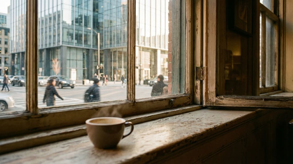 Looking out through a old wooden-frame window in a historic building at a modern city street