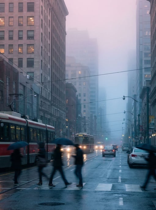 Cosmopolitan city street in morning fog