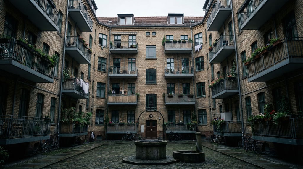 Looking up through a courtyard of a Berlin Hinterhof tenement