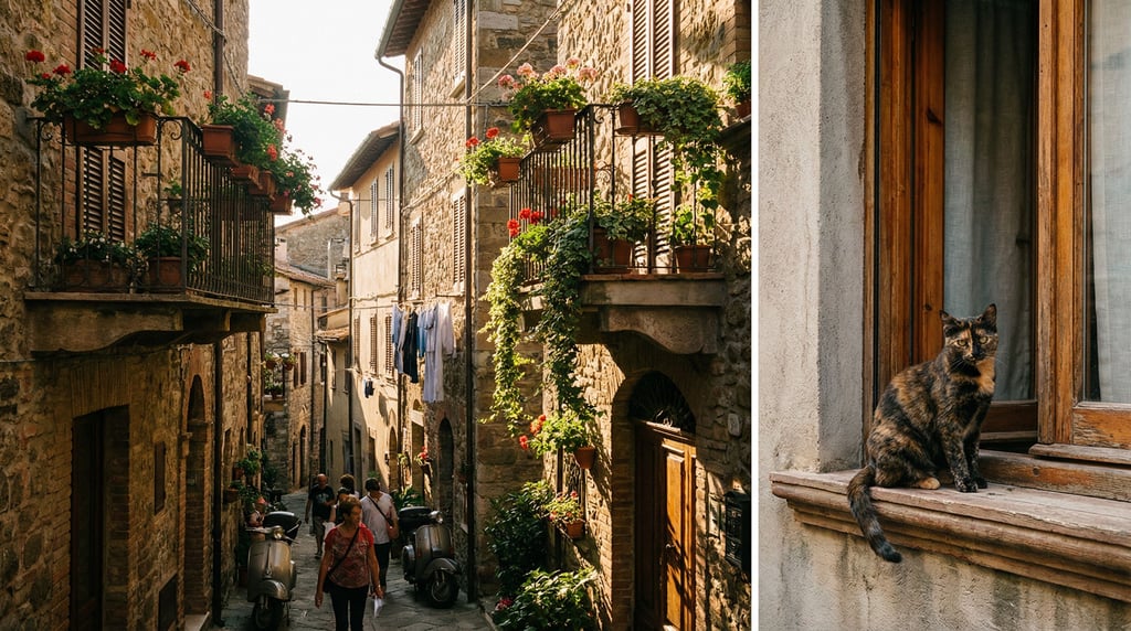 Narrow winding Italian vicolo with wrought iron balconies with hanging plants, late afternoon