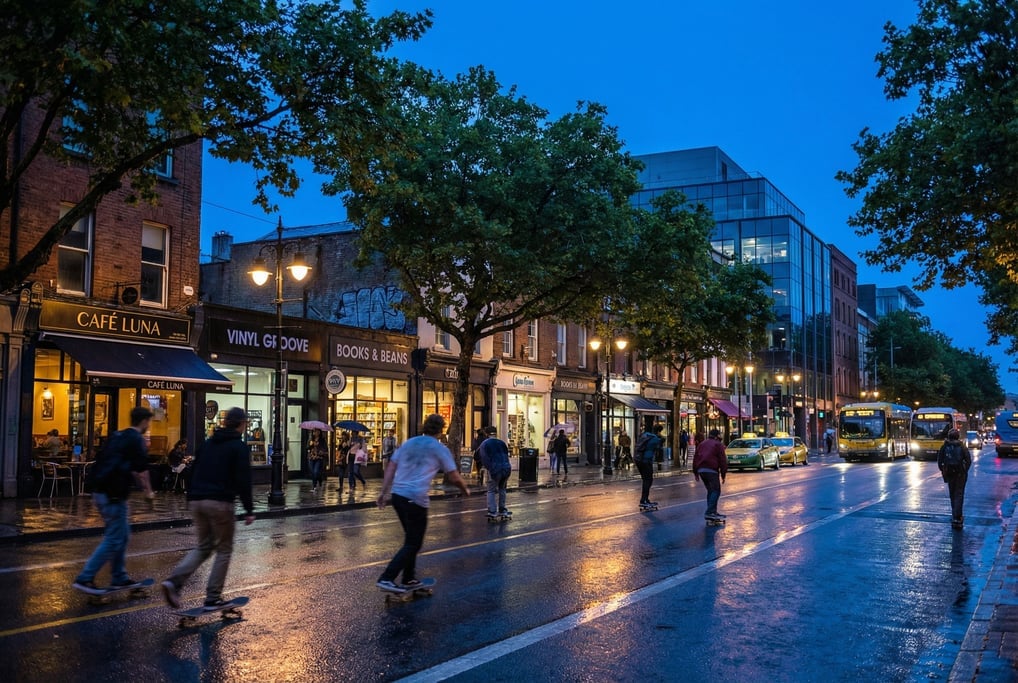 Skateboarders gliding past a row of shops on a rain-slicked main road in a cosmopolitan city