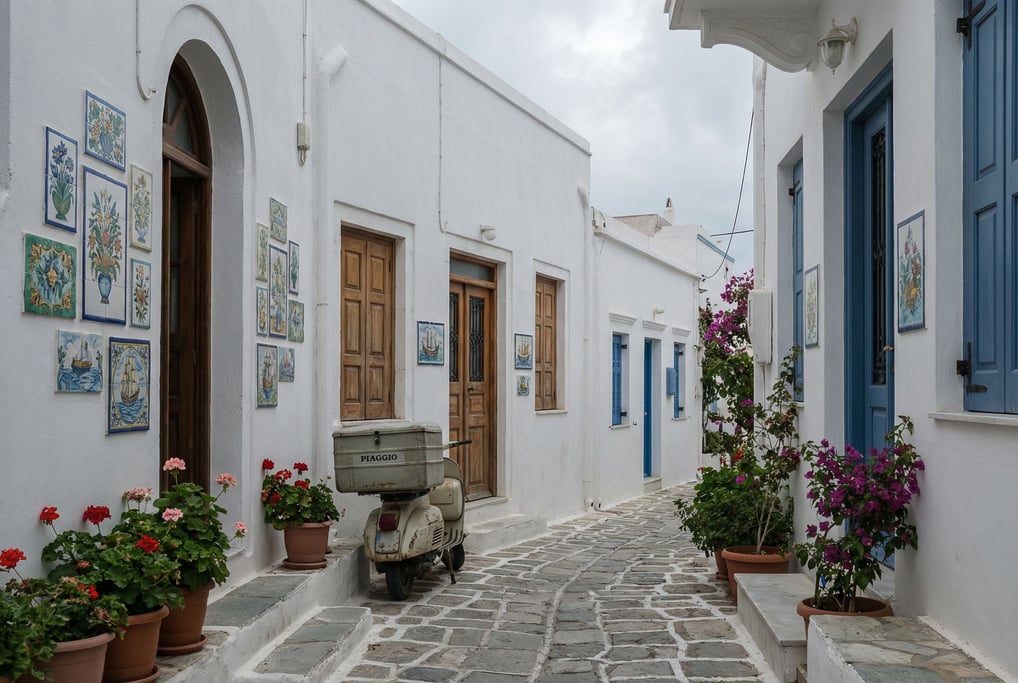 Narrow Greek island whitewashed lane with hand-painted ceramic tiles on building facades