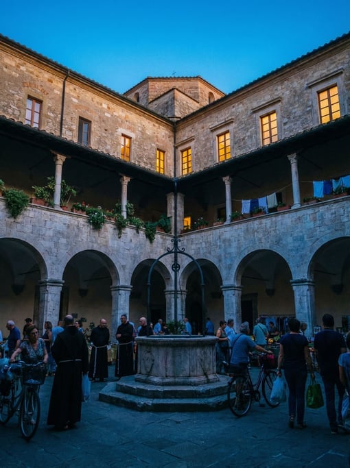 Looking up through a courtyard of a monastery cloister