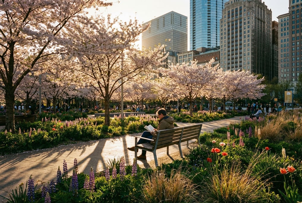 Cherry blossom grove in a city park with city towers visible in the background