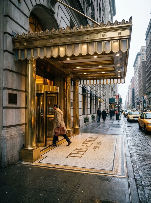 Canopied hotel entrance with polished brass, mosaic tile work on the entrance floor