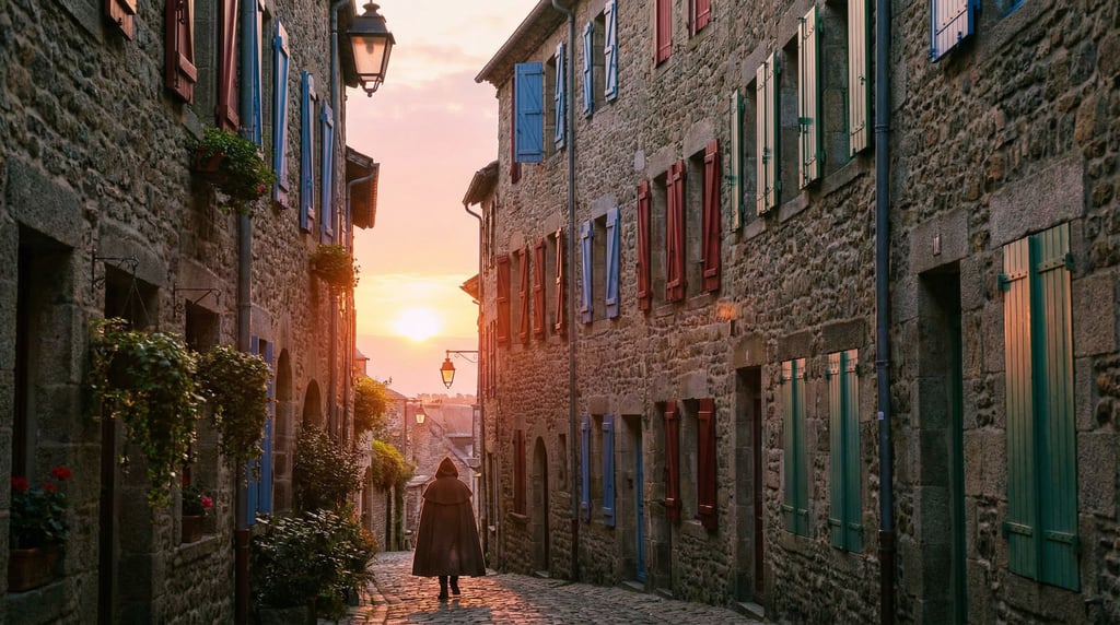 Narrow medieval stone alley with colorful shuttered windows at different heights, sunset