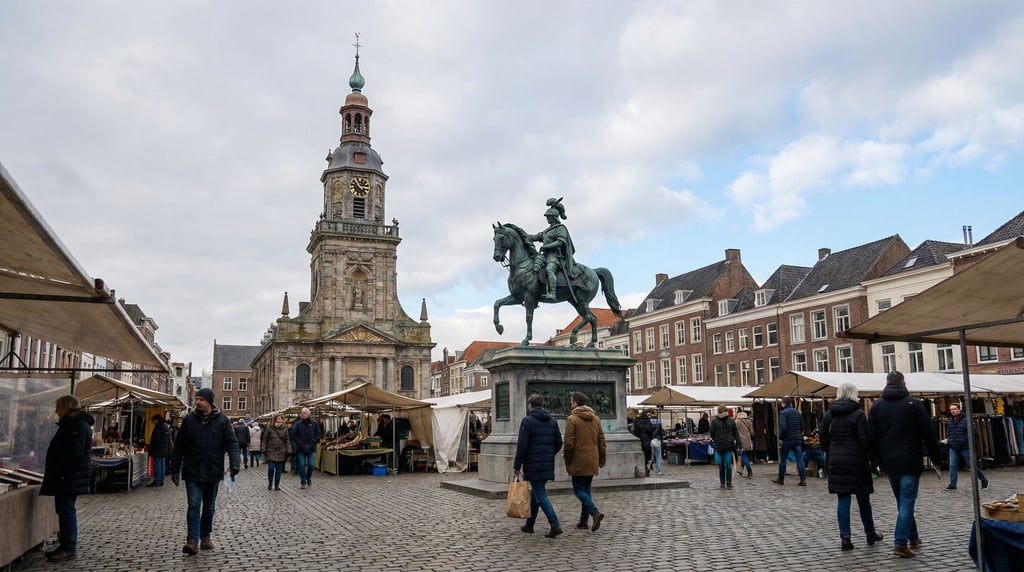 Market square with a historic clock tower in a European city