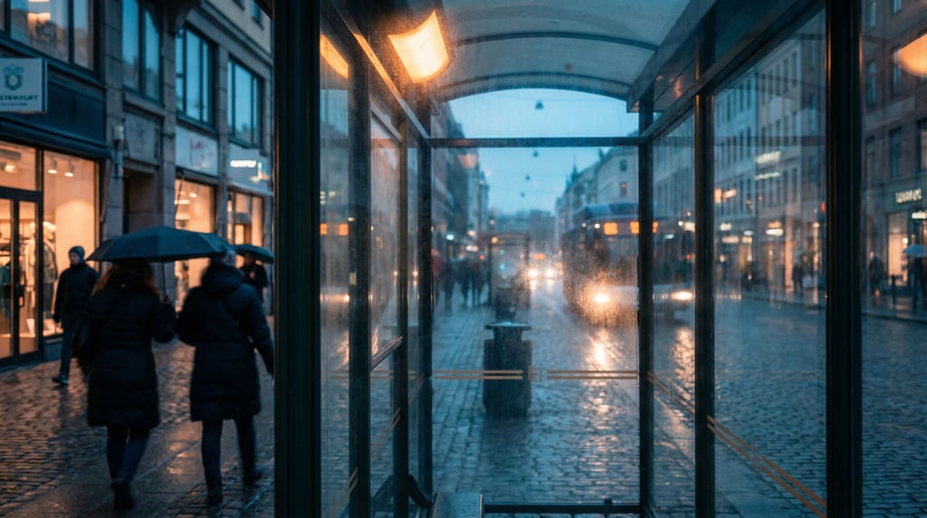 Looking out through a bus shelter glass panel at a northern European city street