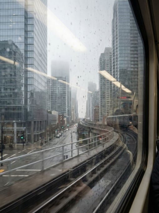View through a train window speeding past the city overlooking a modern cityscape at overcast midday