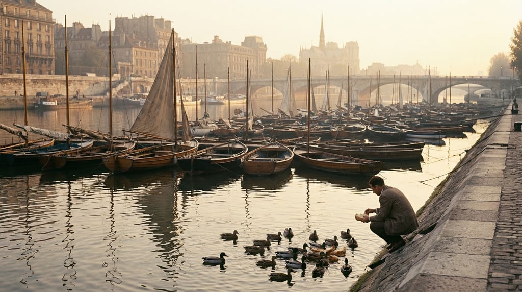 City river embankment lined with fishing boats and small sailboats, golden hour