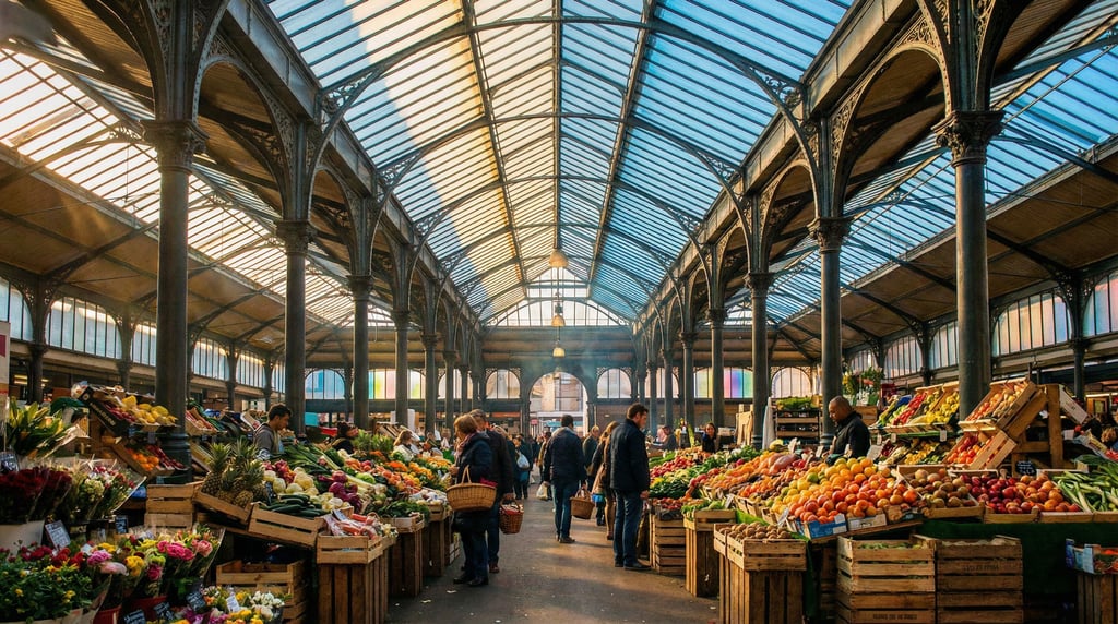 Covered market hall with cast iron columns and glass roof with colorful produce stacked in wooden cr