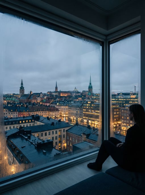 View through a large floor-to-ceiling apartment window overlooking a northern European cityscape at