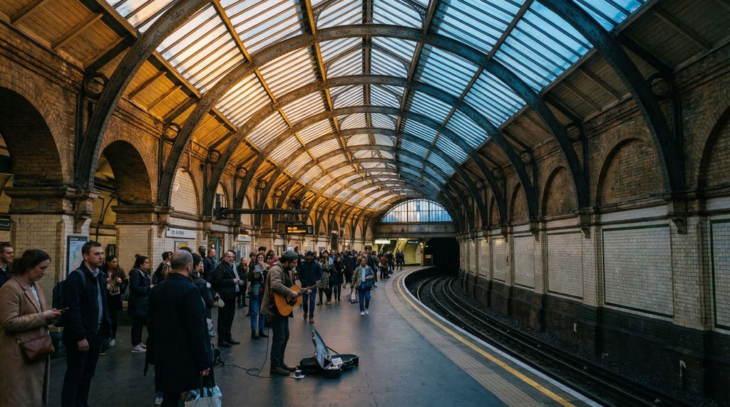 Underground metro station with a long curved platform, vaulted iron and glass roof soaring above