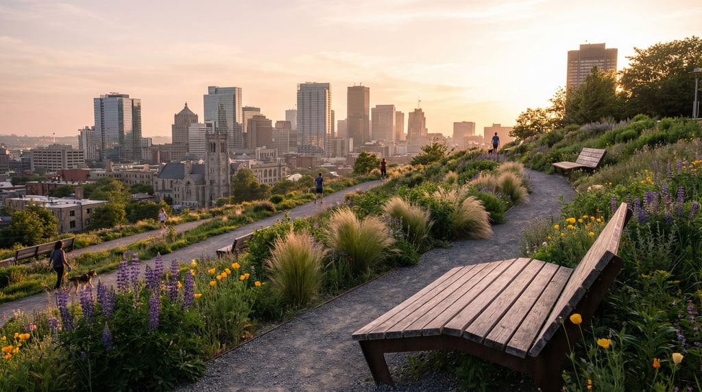 Urban hillside park bench with city towers visible in the background