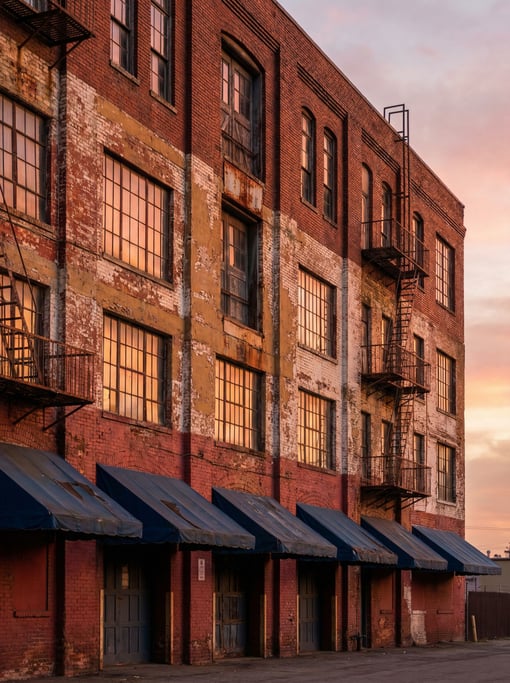 Exposed brick warehouse facade with rust and peeling paint revealing layers of history, sunset