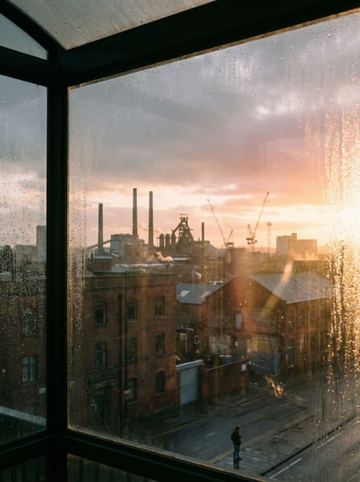 View through a bus shelter glass panel overlooking a industrial cityscape at sunset