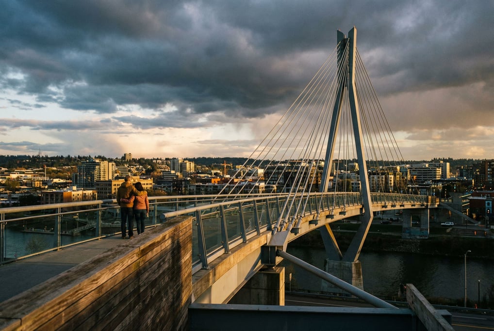 Modern cable-stayed pedestrian bridge under dramatic clouds
