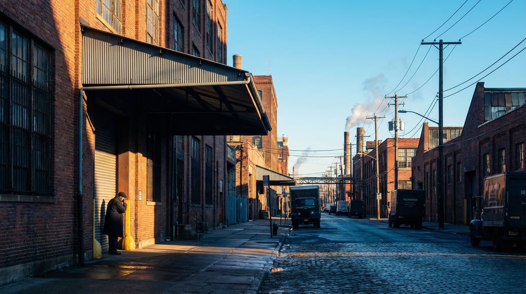 Industrial city street on a clear day, sharp shadows and bright highlights under blue sky