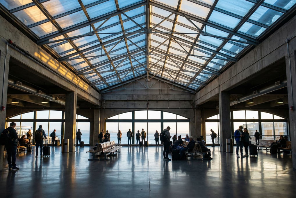 Ferry terminal waiting hall, steel and glass canopy filtering daylight