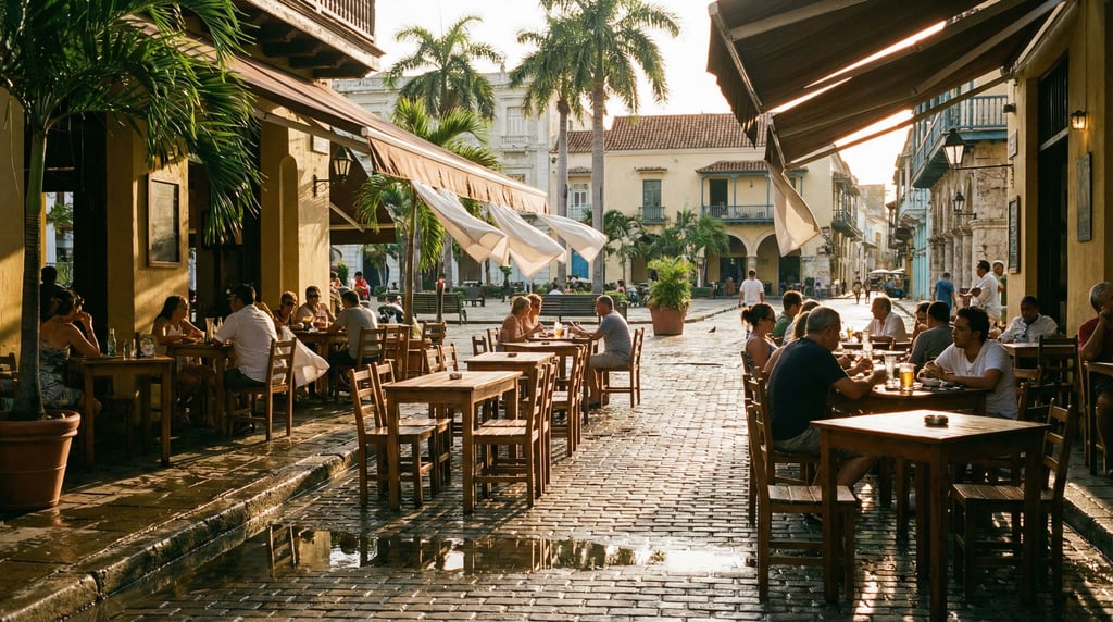 Outdoor bistro patio on a tropical city square, napkins fluttering in a light breeze