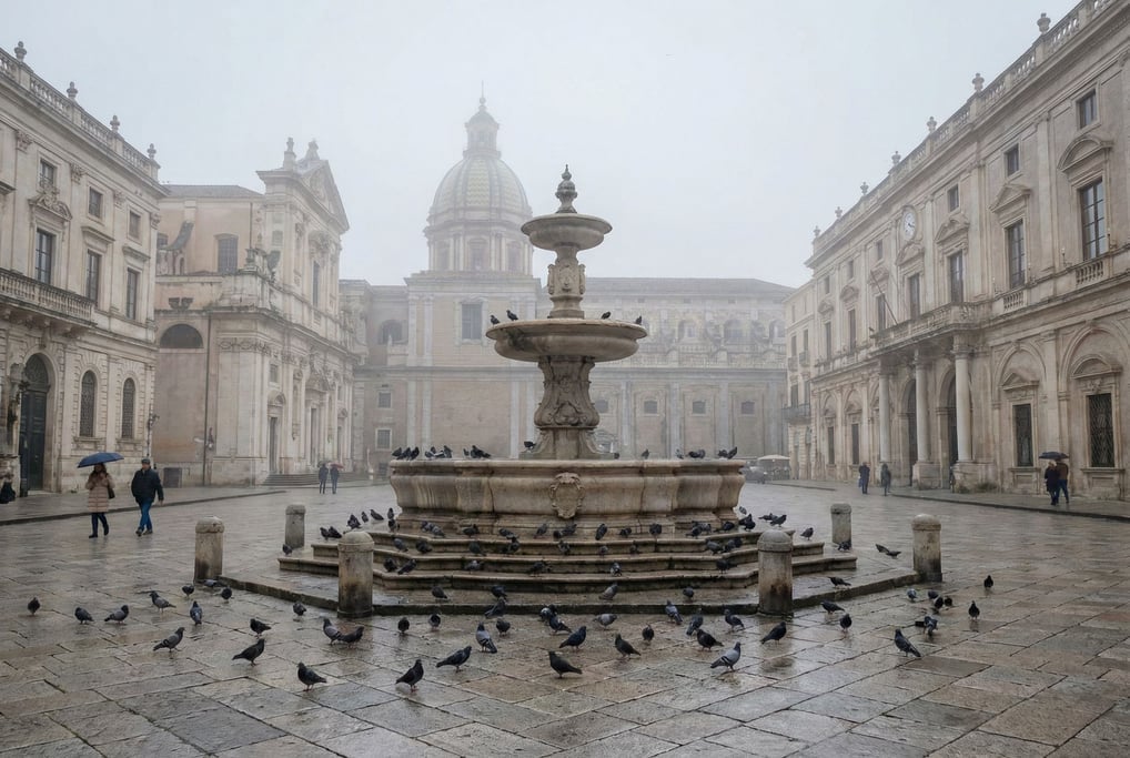 Grand stone piazza with a central fountain in a European city, pigeons gathered near the fountain