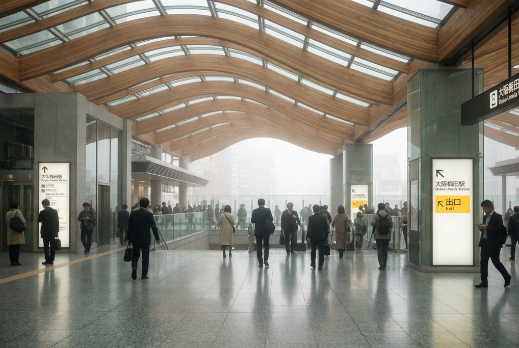 Modern transit hub with sweeping roof in a Osaka