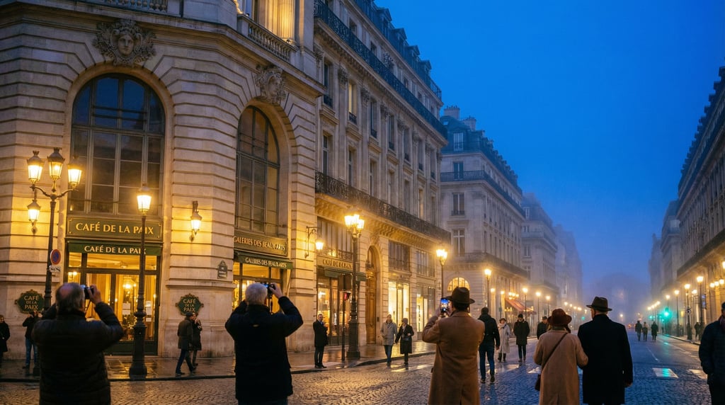 Grand Beaux-Arts boulevard with tall arched windows with decorative keystones, blue hour