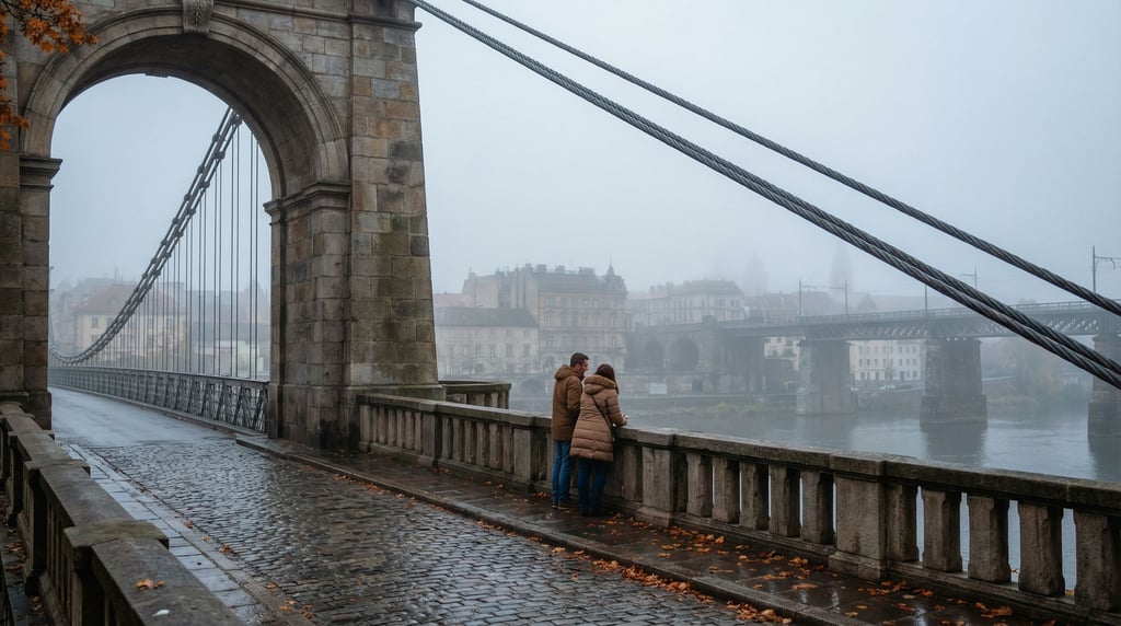 Historic stone arch bridge at cloudy afternoon, cables disappearing into mist