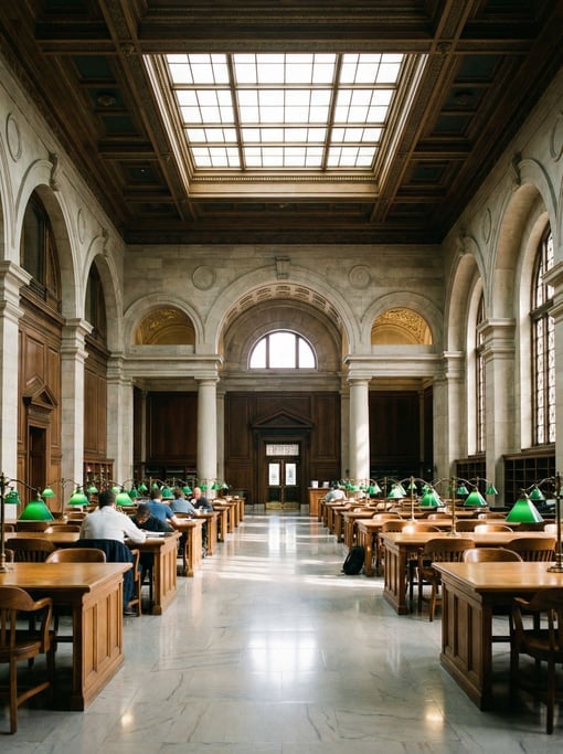 Grand reading room with rows of desks inside a historic courthouse