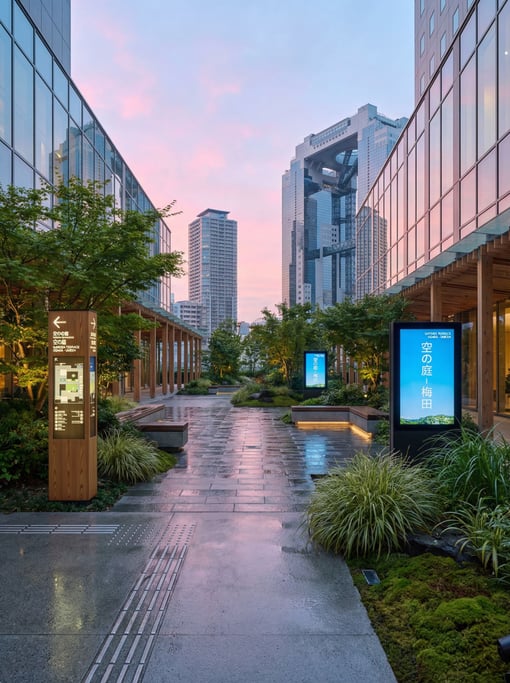Public garden terrace between skyscrapers in a Osaka