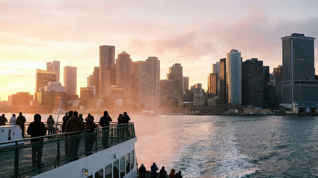Distant city skyline seen from a ferry approaching the harbor