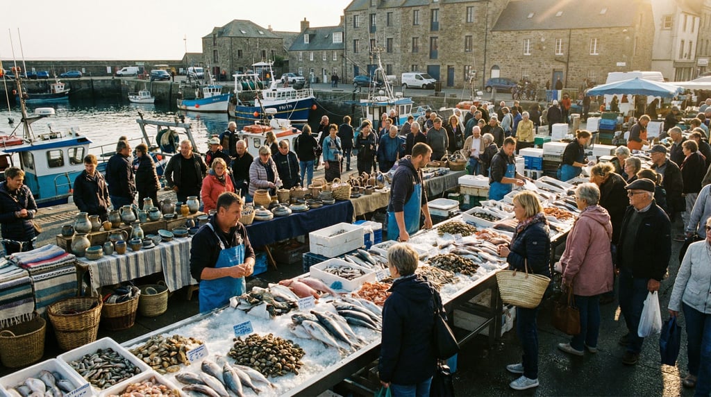 Fish market near the harbor with ice displays with handmade crafts and textiles