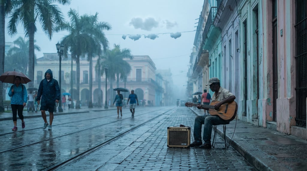 A street musician performing to passing crowds on a quiet residential side street in a tropical city