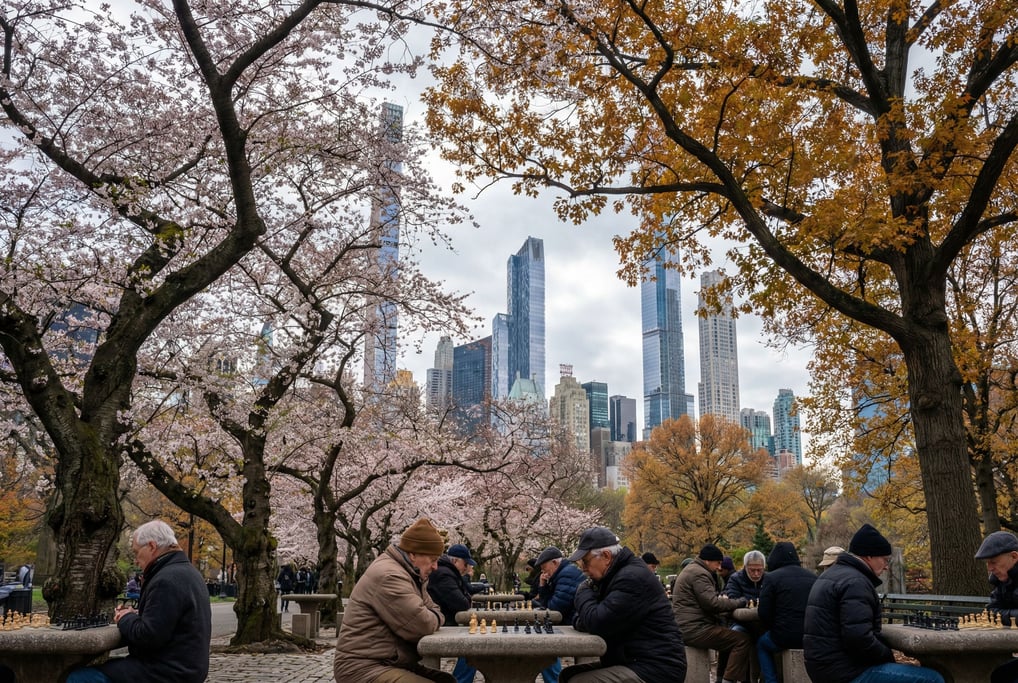 Cherry blossom grove in a city park with city towers visible in the background