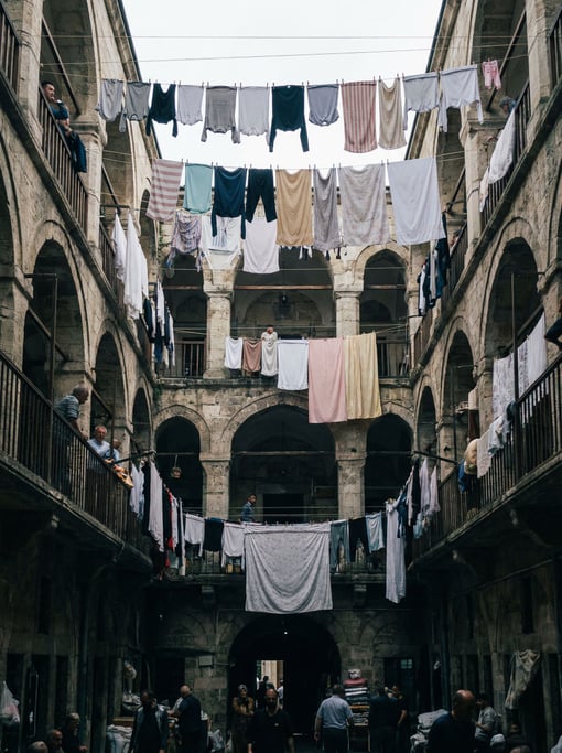 Looking up through a courtyard of a Ottoman-era caravanserai