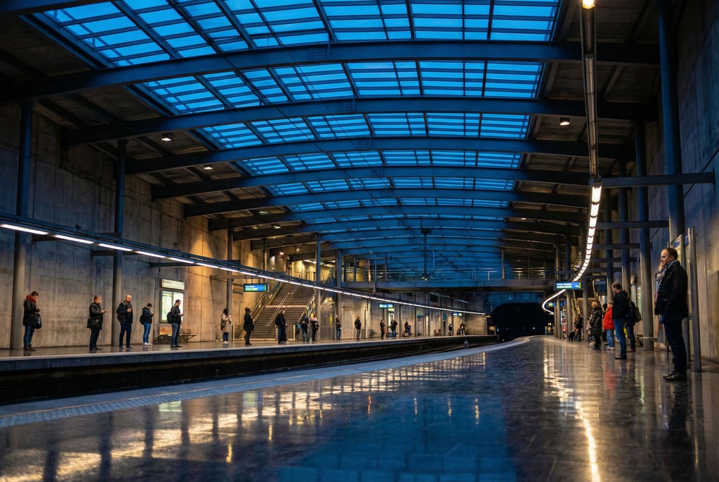 Underground metro station with a long curved platform, steel and glass canopy filtering daylight