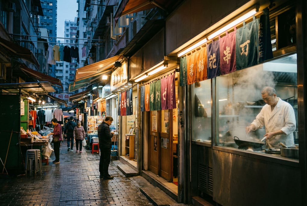 Narrow Hong Kong tong lau neighborhood street with noren curtains hanging in entries, dusk