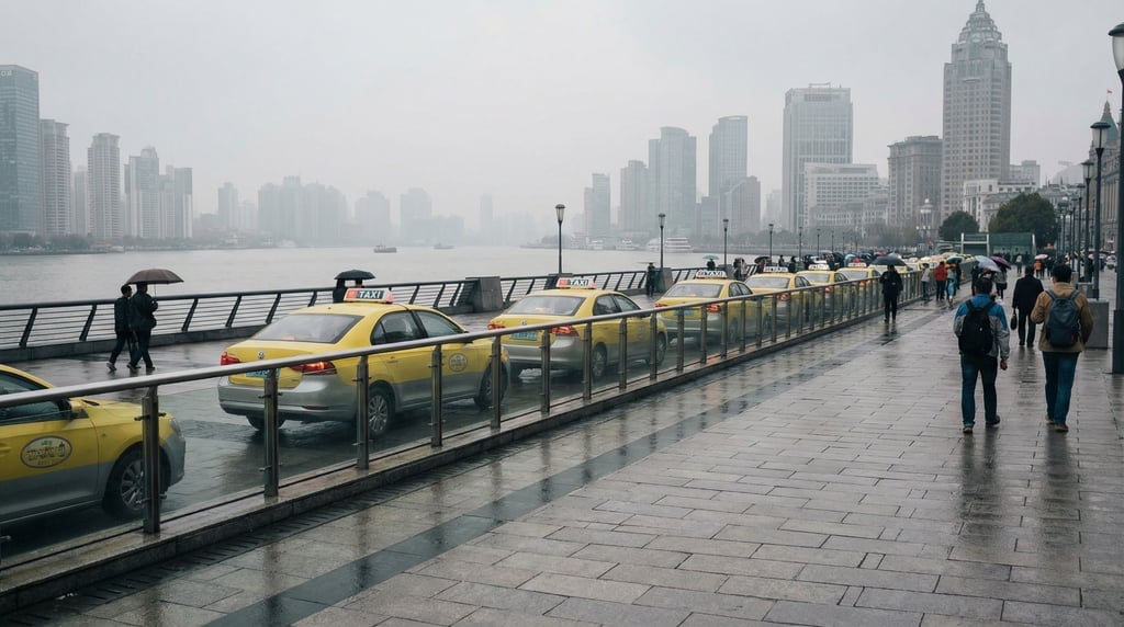 Taxi stand with a queue of yellow cabs on a waterfront promenade in a modern city, overcast midday
