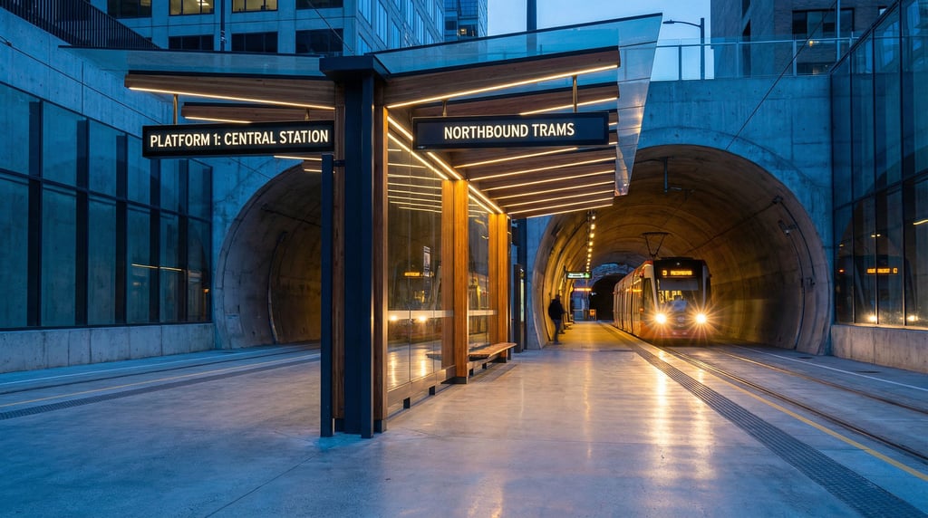 Modern tram stop with glass shelter, clean minimalist design with clear wayfinding