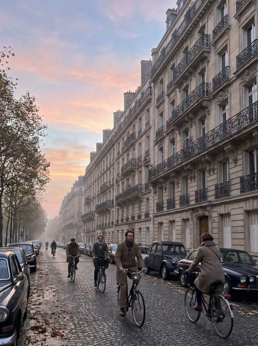 Grand Neoclassical boulevard with elaborate wrought-iron balcony railings with floral motifs, dawn