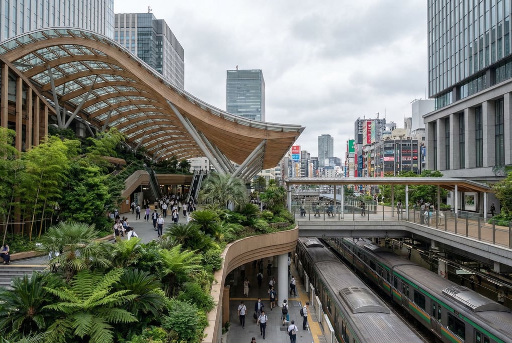 Modern transit hub with sweeping roof in a Tokyo