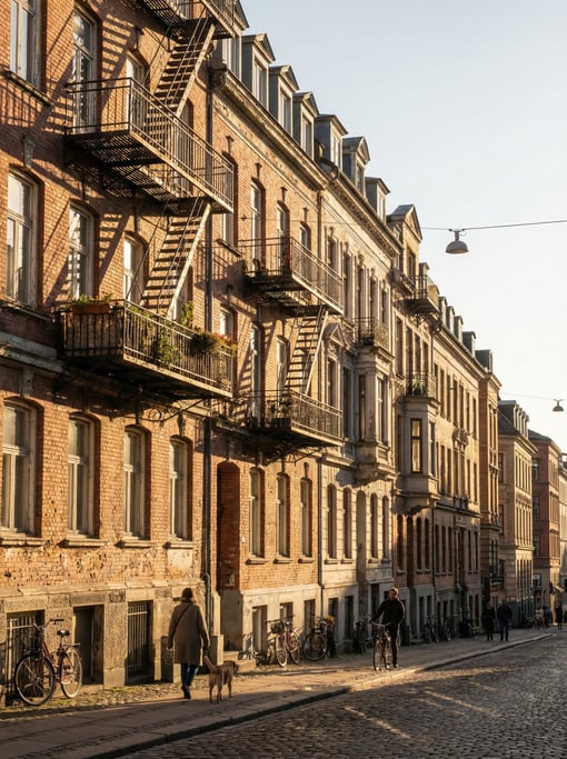 Victorian painted lady houses on a hill in a northern European neighborhood