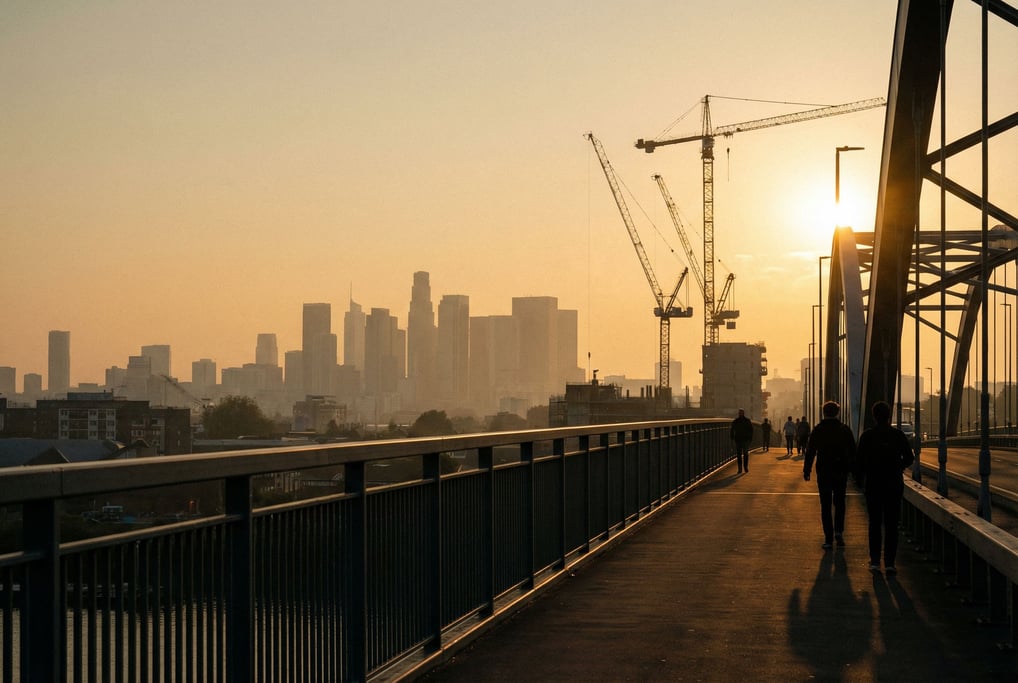 Distant city skyline seen from a bridge pedestrian walkway