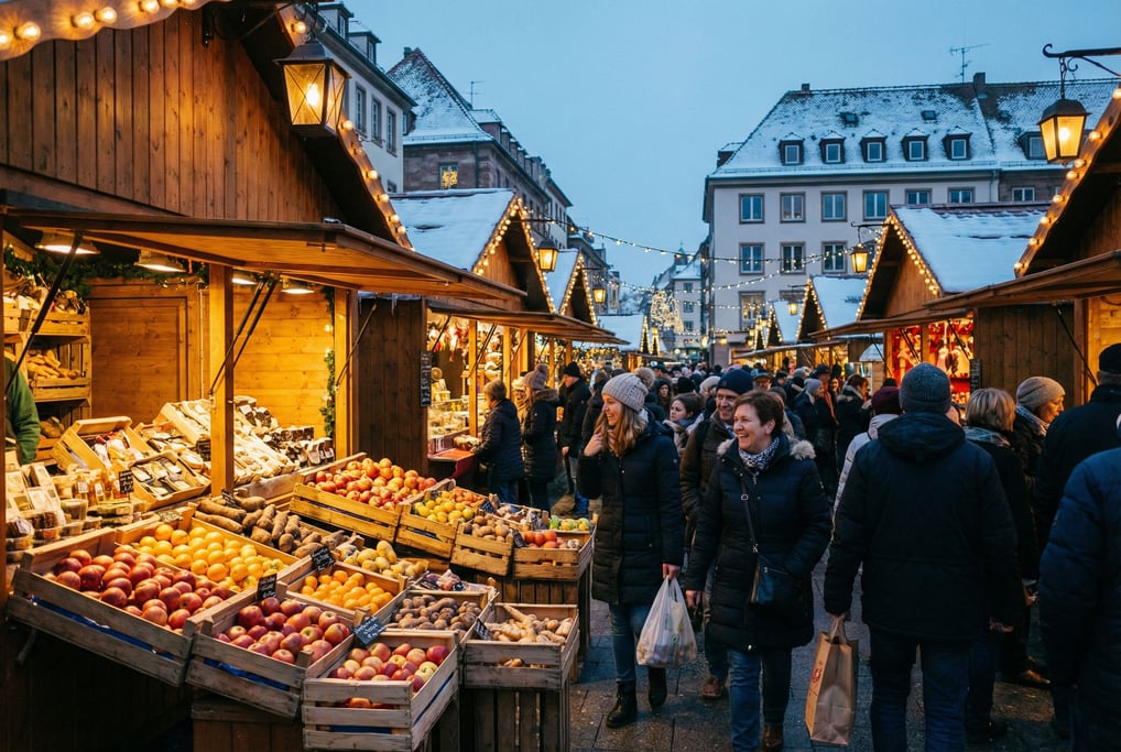 Christmas market with wooden chalets with colorful produce stacked in wooden crates