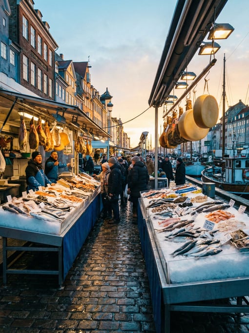 Fish market near the harbor with ice displays with hanging cured meats and cheeses